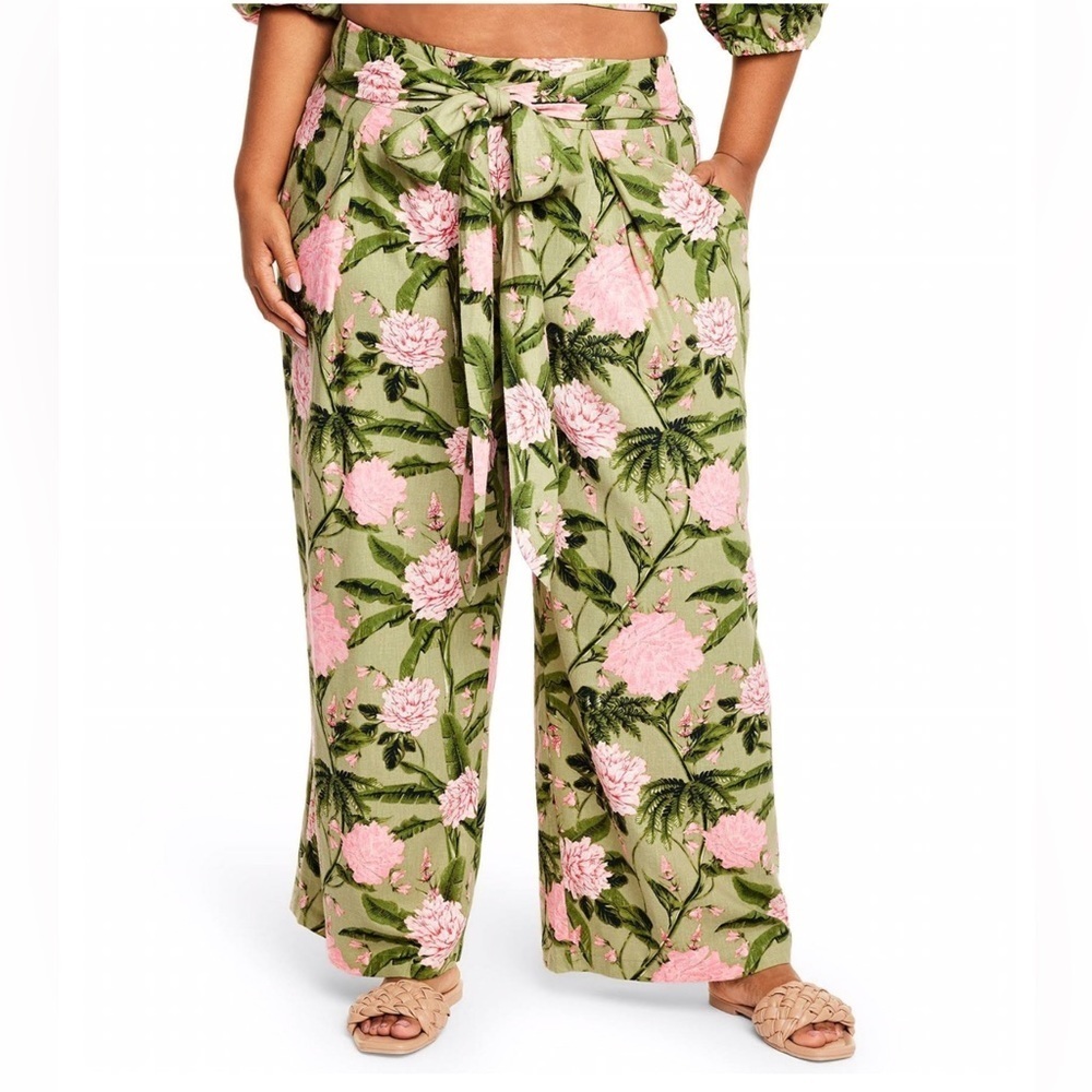 Aguabendita X Target Boho Peony Print Linen Blend Wide Leg Pants Size La…NEW